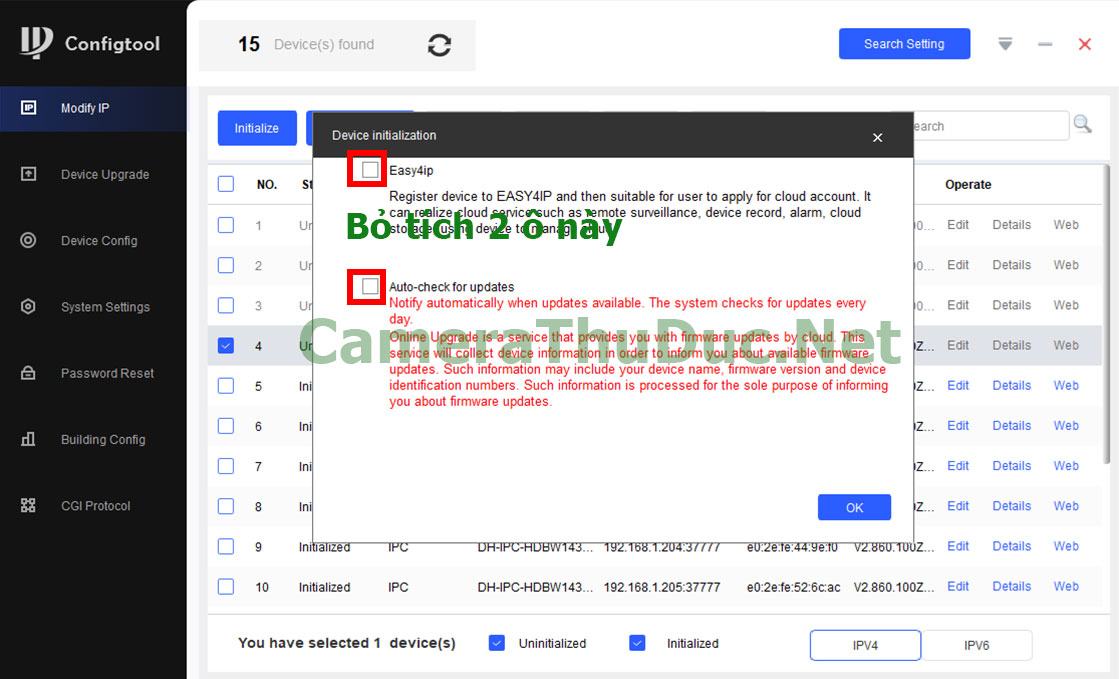 Hướng dẫn cách cấu hình hàng loạt Camera Dahua bằng Configtool 5 Bỏ dấu tích vào 2 ô này để tránh cho tự cập nhật làm nhảy ip dẫn đến camera mất hình